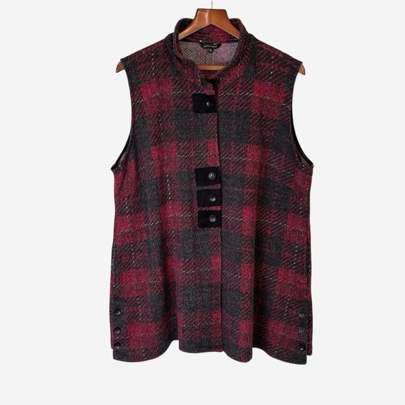 John Mark Sweaters - John Mark Womens Vest XL Button Front Knit Red Gray Plaid Lagenlook Boho